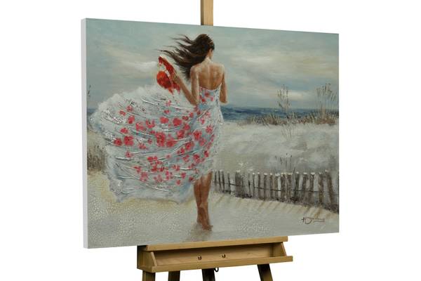 Tableau peint à la main Rivage Elena Marron - Blanc - Coton - 100 x 70 x 4 cm