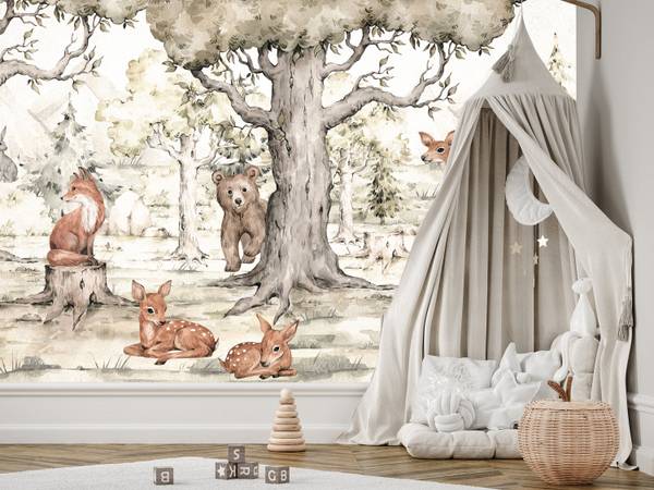 Fototapete für Kinder Tiere im Wald 350 x 256 x 256 cm