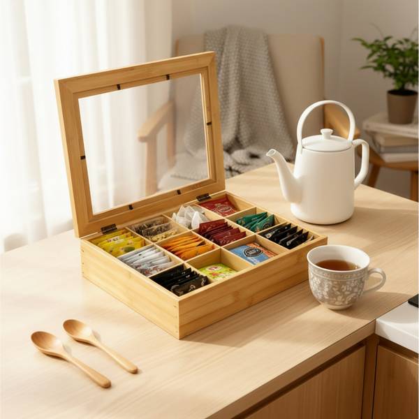 Boîte à thé en bambou, 12 compartiments Marron - Bambou - Matière plastique - 28 x 9 x 23 cm
