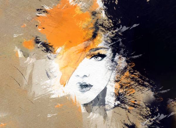 Fototapete Frau Gesicht abstrakt Beige - Schwarz - Grau - Orange - Weiß - Vinyl - 350 x 255 x 1 cm