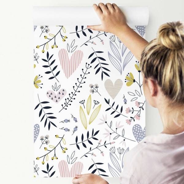 Papier Peint FEUILLES Fleurs Cœurs Noir - Mauve - Blanc - Polaire - 53 x 1000 x 1000 cm