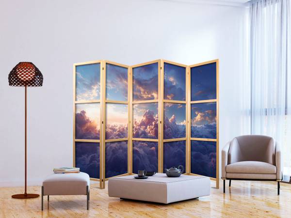 Paravent Sonnenuntergang Wolken 5-tlg Blau - Grau - Pink - Weiß - Holzwerkstoff - Textil - 225 x 172 x 3 cm