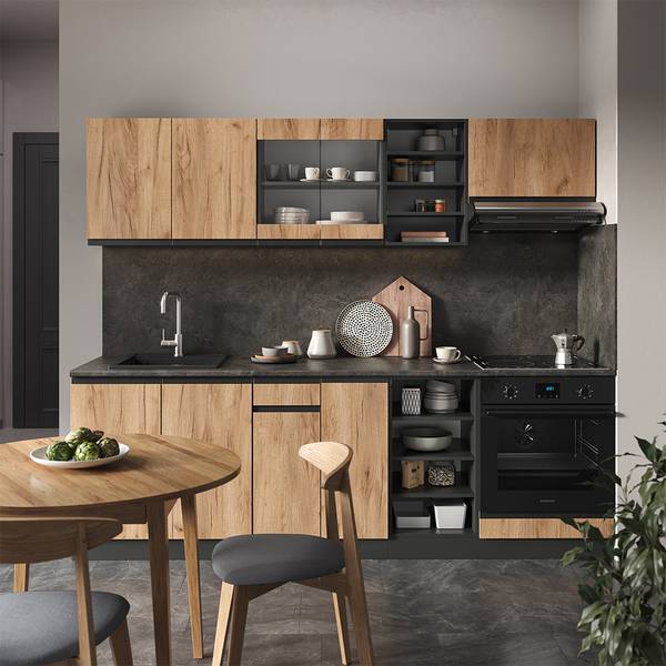 Küchenzeile R-Line 43221 Braun - Grau - Holzwerkstoff - 240 x 207 x 60 cm
