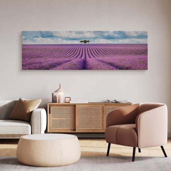 Tableau Panorama Champ de Lavande 3D Bleu - Mauve - Blanc - Lin - 145 x 45 x 45 cm