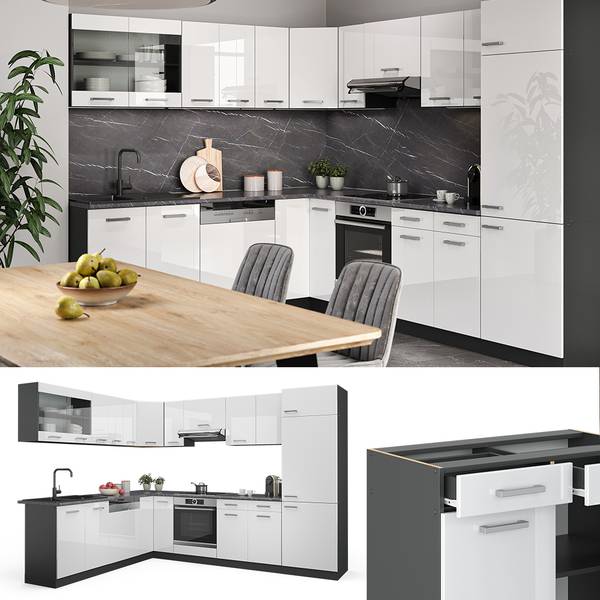 Cuisine en angle R-Line 42936 lot de 12 Anthracite - Blanc brillant