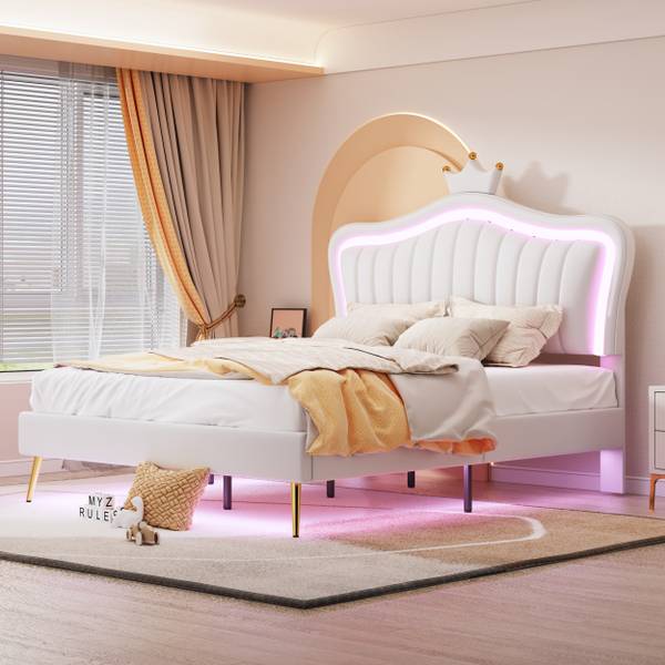 Lit capitonné GLOWPUER Ⅱ Blanc - Bois manufacturé - Métal - Cuir synthétique - 152 x 134 x 203 cm