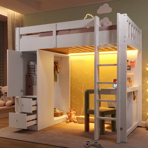 Hochbett Phoebus Ⅰ Weiß - Holzwerkstoff - Massivholz - 107 x 173 x 205 cm