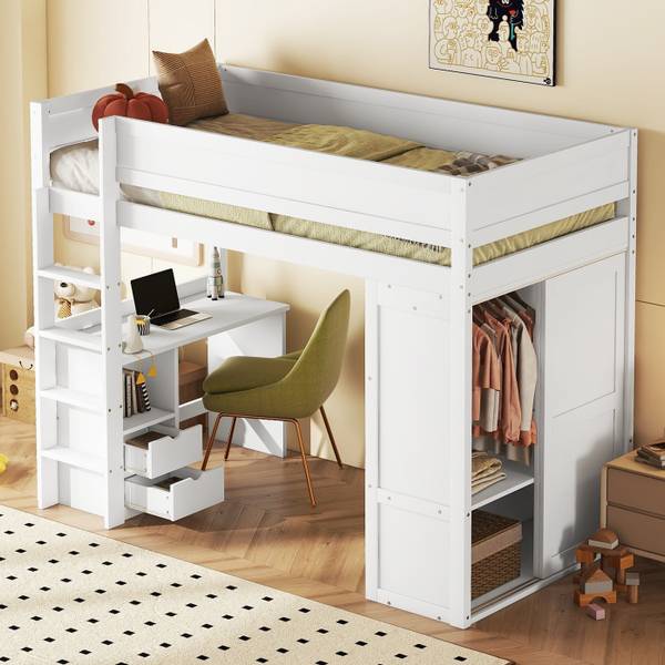 Hochbett mit Schreibtisch-O28109 Weiß - Massivholz - 165 x 165 x 205 cm