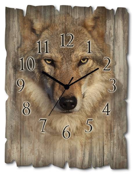 Wanduhr Holz Wolf Braun - Holzwerkstoff - 30 x 40 x 1 cm