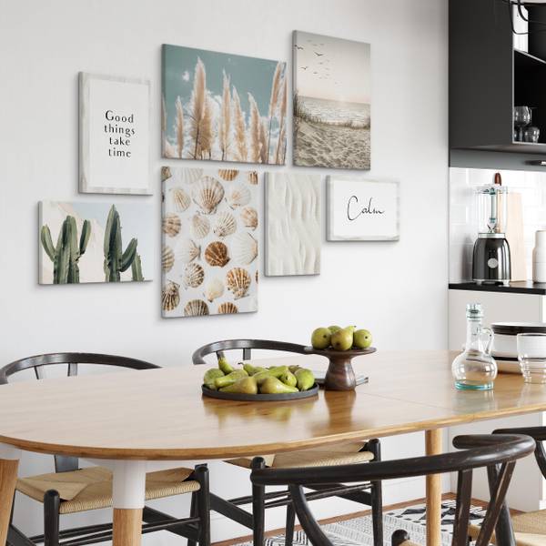 Leinwandbilder Set Strand Pflanzen Zitat Beige - Blau - Grün - Leinen - 110 x 80 x 80 cm