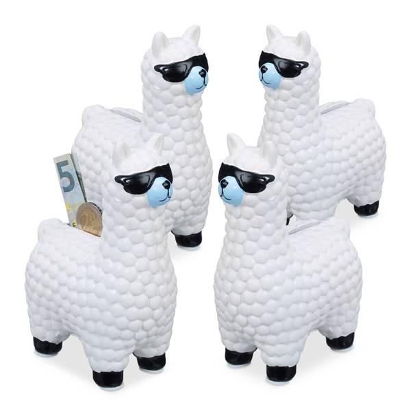 4x Lama spaarpot met zonnebril wit zwart - blauw - wit - keramiek - 11 x 16 x 6 cm