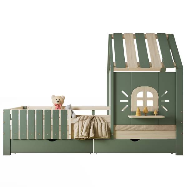 Hausbett Oneiros Ⅲ Grün - Holzwerkstoff - Massivholz - 95 x 152 x 204 cm