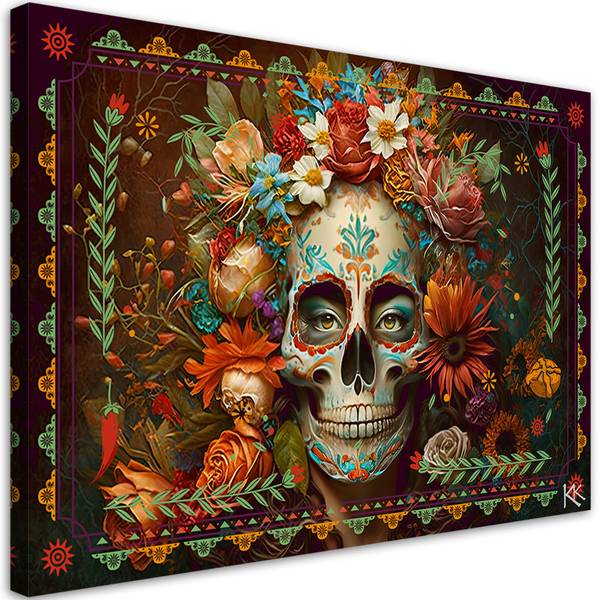 Tableau déco crâne avec des fleurs 60 x 40 cm