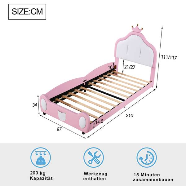 Kinderbett K-1238 Pink - Holzwerkstoff - 97 x 117 x 210 cm