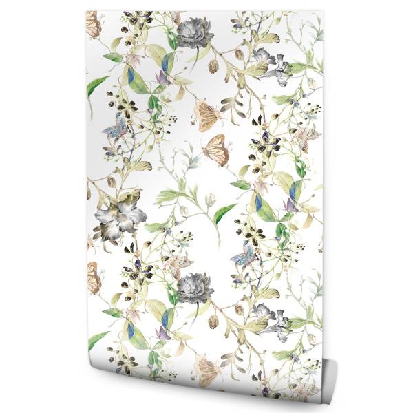 TAPETE Blumen Schmetterlinge Vintage Beige - Blau - Braun - Grau - Grün - Weiß - Papier - 53 x 1000 x 1000 cm