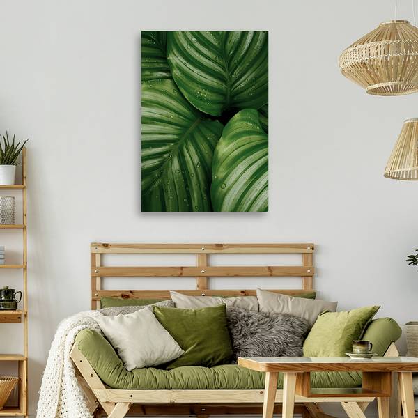 Wandbild wassertropfen auf blättern 80 x 120 cm