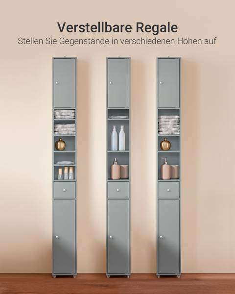 Badezimmer Hochschrank schmal BZR34-HG Hellgrau - Höhe: 180 cm