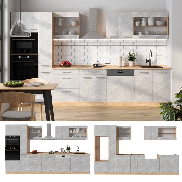Complete keukeneenheid R-Line 53466 bruin - grijs - chroom - 350 x 82 x 46 cm