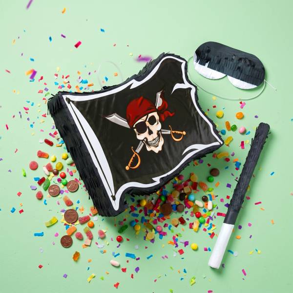 Pinata drapeau pirate avec bâton&masque Noir - Rouge - Blanc - Papier - Matière plastique - 40 x 35 x 8 cm