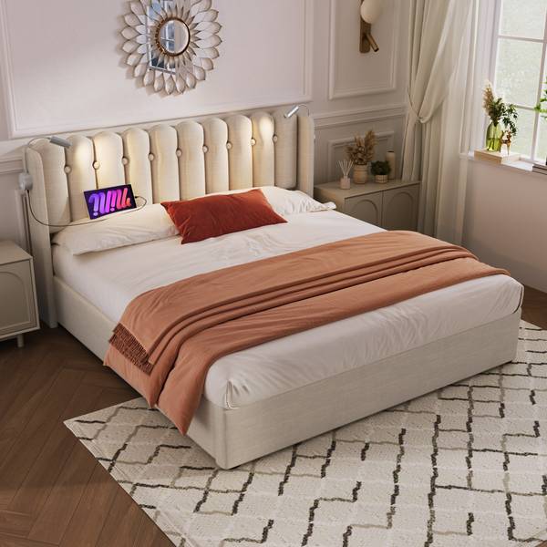 Polsterbett mit Matratze-BB616 Beige - Massivholz - 165 x 103 x 206 cm