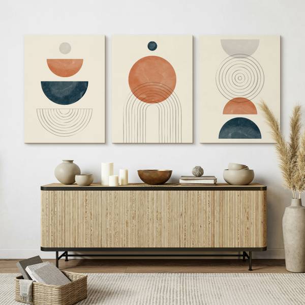 Leinwandbilder KREISE Boho 3-er Set Beige - Schwarz - Blau - Braun - Orange - Türkis - Leinen - 90 x 40 x 40 cm
