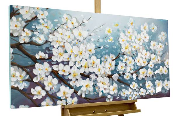 Acrylbild Handgemalt Blüten Zap Blau - Weiß - Baumwollstoff - 140 x 70 x 4 cm