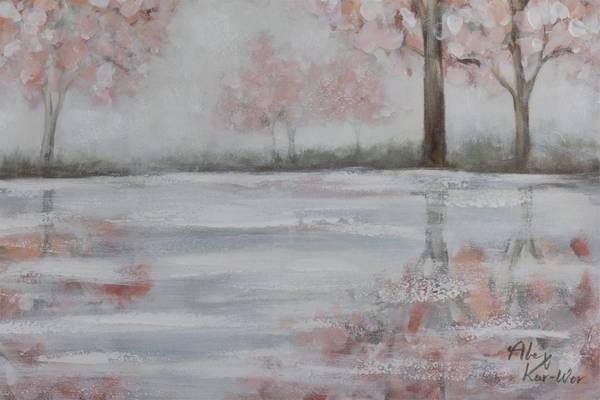 Tableau peint à la main Fleurs Brume Gris - Rose foncé - Coton - 100 x 75 x 4 cm