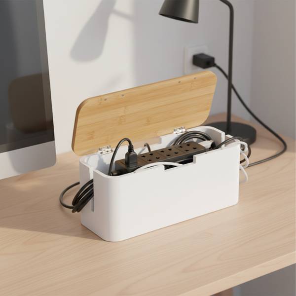 Kabelbox aus Bambus Hellbraun - Weiß