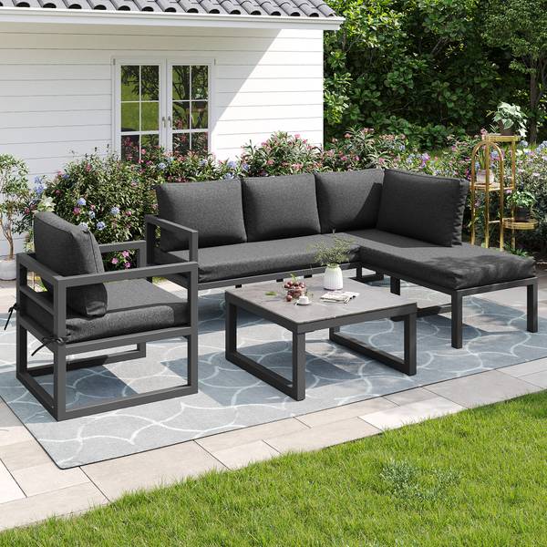 Ensemble jardin corde 4-pce Phanes Ⅳ Gris - Polyester - Tissu - Fer - Verre de sécurité - 122 x 78 x 184 cm