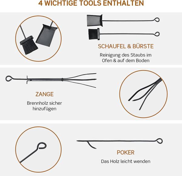 Kaminholzregal mit Kaminbesteck Set Schwarz - Metall - 33 x 76 x 76 cm