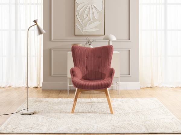 Loungefauteuil met hocker Lenari robijnrood - beukenhouten look