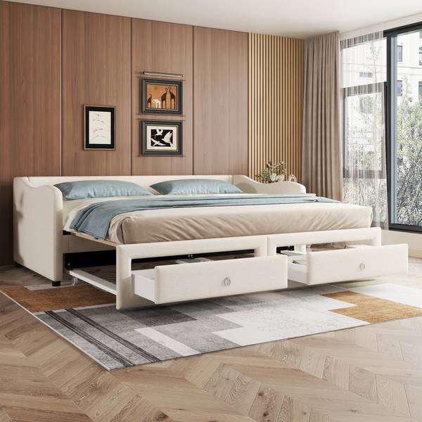 Schlafsofa Everly Beige - Leinen - 213 x 74 x 102 cm