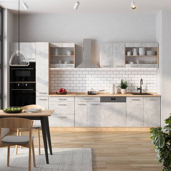 Complete keukeneenheid R-Line 53466 bruin - grijs - chroom - 350 x 82 x 46 cm
