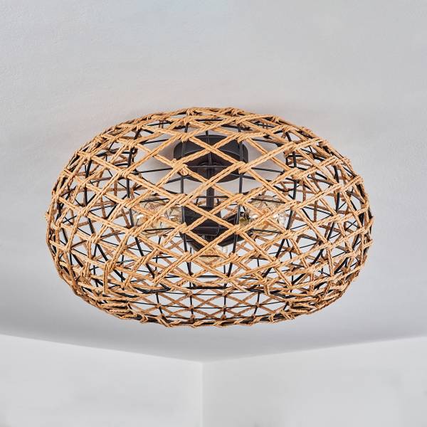 Deckenleuchte Messerotti Beige - Schwarz - 51 x 26 x 52 cm - Durchmesser: 50 cm - Flammenanzahl: 3 - Holzwerkstoff - Metall - Papier - Rattan