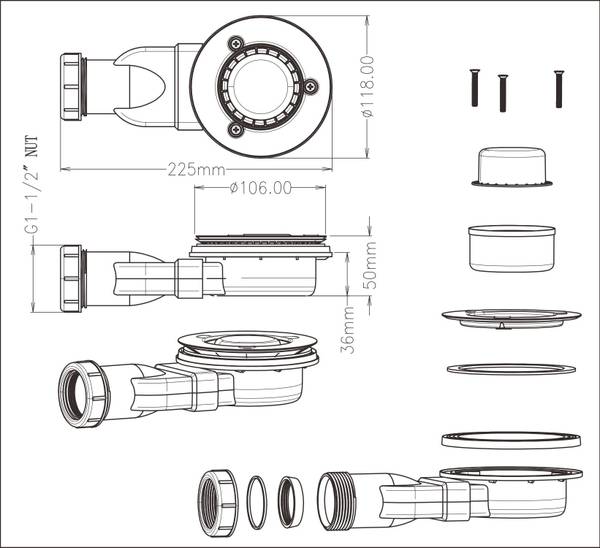 Duschwanne Viertelkreis +Ablaufgarnitur Schwarz - Kunststoff - 90 x 4 x 90 cm
