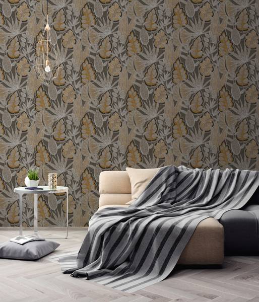 Botanische Vliestapete Pflanzen Braun - Orange - Taupe - Weiß