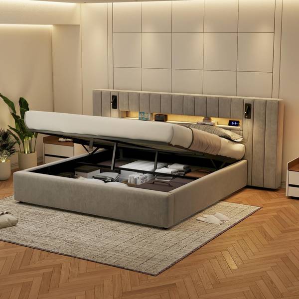 Bett Anzaks Super king Grau - Samt - 200 x 105 x 180 cm