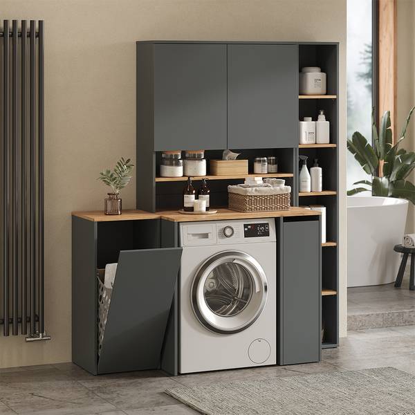 Hoge Wasmachinekast Viktor 55161 antracietkleurig - eikenhouten look - 94 x 61 cm