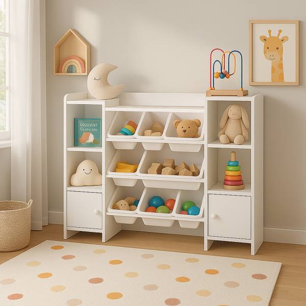 Speelgoedkast met bakken en deuren wit - plaatmateriaal op houtbasis - kunststof - 139 x 95 x 30 cm