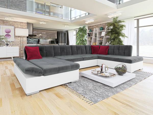 Ecksofa Bergen Grau - Rot - Weiß - Ecke davorstehend links - Kunstleder
