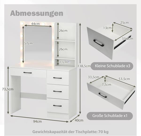 Schminktisch TG32143PQ-IT+DE Weiß - Holzwerkstoff - 40 x 139 x 94 cm