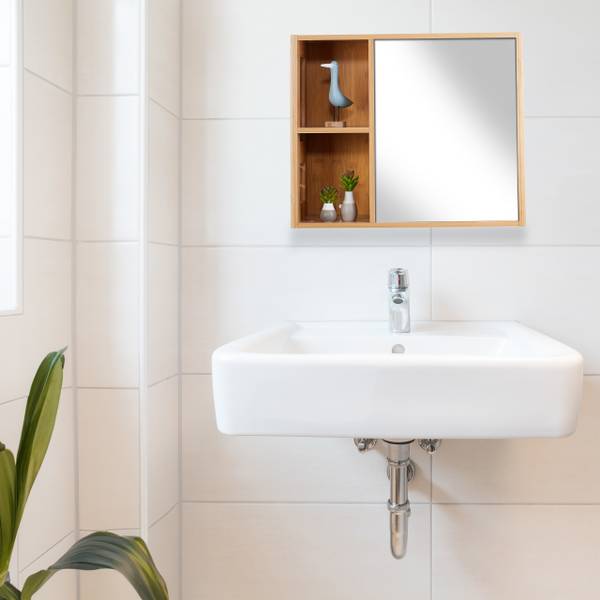 Badkamer spiegelkast met vakken bruin - bamboe - plaatmateriaal op houtbasis - glas - 55 x 45 x 20 cm