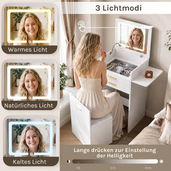 Schminktisch MB6143WS mit Beleuchtung Weiß - Holzwerkstoff - 50 x 87 x 40 cm