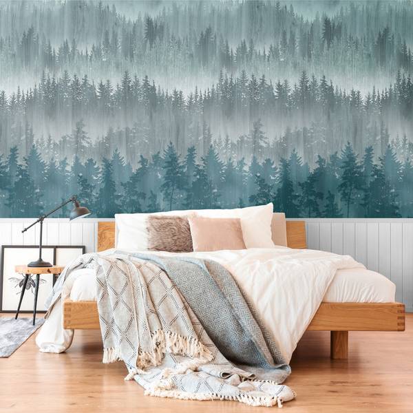 Wallpanel Waldtapete Sockel Blau - Weiß - Fleece - 159 x 280 x 1 cm