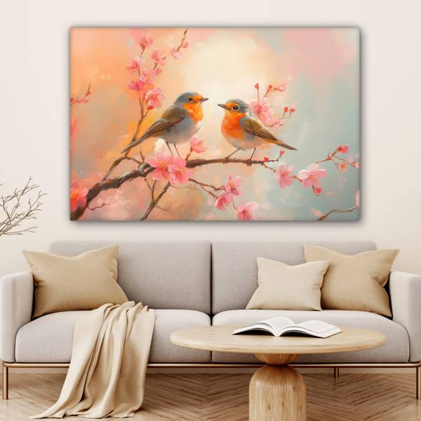 LEINWANDBILD Rotkehlchen Pink - Baumwollstoff - 120 x 80 x 2 cm