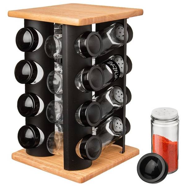 Gewürzständer mit Gläsern 17-tlg. Set Schwarz - Glas - Metall - Massivholz - 18 x 29 x 18 cm