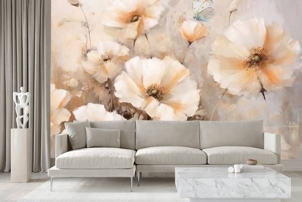 Papier Peint Coquelicots Papillons Rétro 90 x 60 x 60 cm