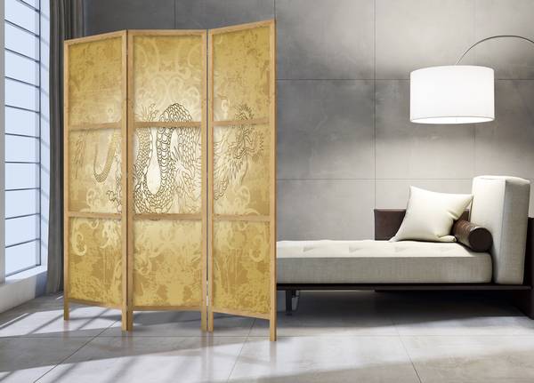 Paravent Drachen Japan 3-tlg Beige - Braun - Gelb - Holzwerkstoff - Textil - 135 x 172 x 3 cm