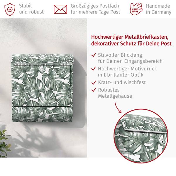 Briefkasten Aquarell Monstera Blätter II Grün - Stahl - 39 x 46 x 13 cm