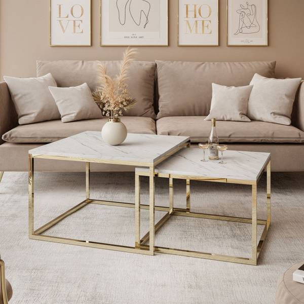 YOSHI LEVANTO 2 in 1 Couchtisch Gold - Weiß - Holzwerkstoff - 70 x 41 x 70 cm